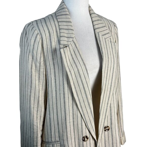 Jules & Leopold Striped Linen Blend Blazer Beige NavyStripe Open Front Womens LG - Picture 3 of 8
